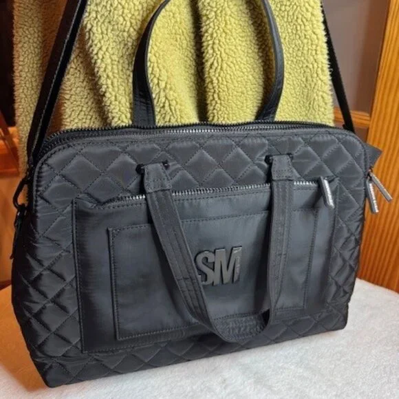 Steve Madden Black Quilted Laptop Tote Work Bag Zippered - Picture 1 of 8